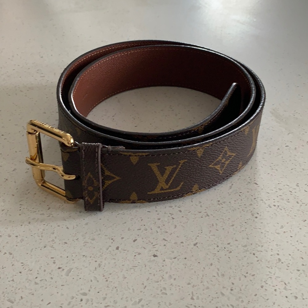 Louis Vuitton Brown Monogram Leather Belt with Gold Buckle